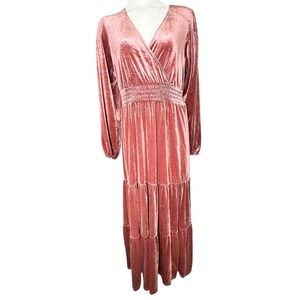 Knox Rose Mauve Pink Velvet Faux Wrap Tiered Maxi Dress Womens Large Boho L